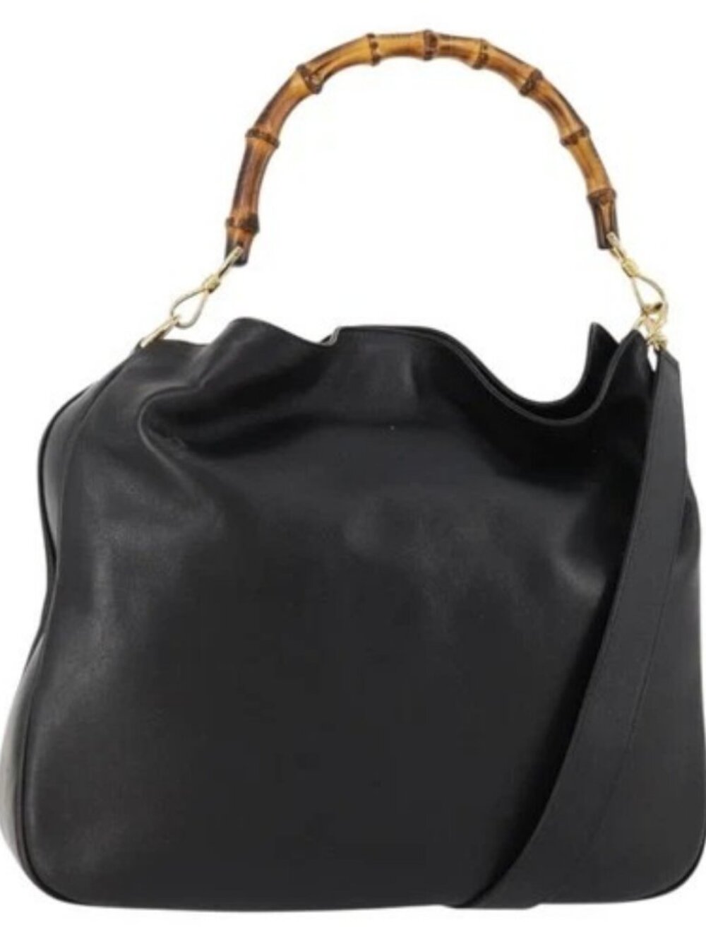 GUCCI Bamboo Hand Bag Leather 2way Black Gold Auth 169781